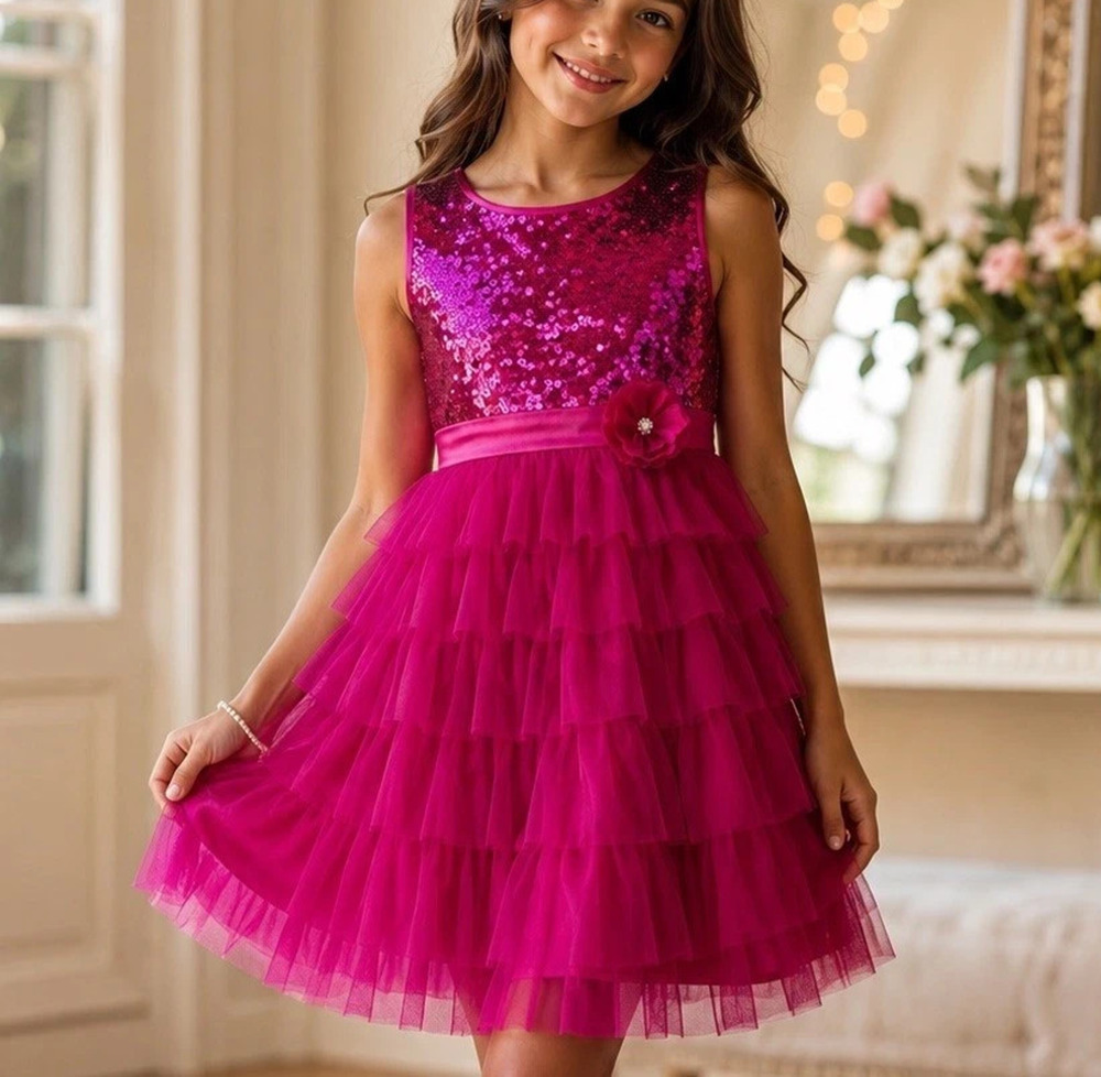 Biscotti Hot Pink Sequin Flower Ruffle Bow Dress Boutique 7 years A010955